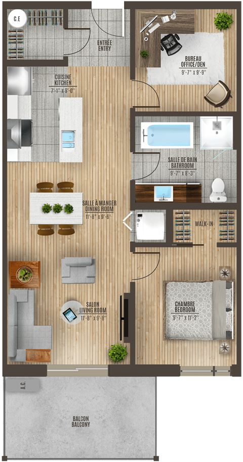 Floor plan for 2 beds, 1 bath, 840 sqft